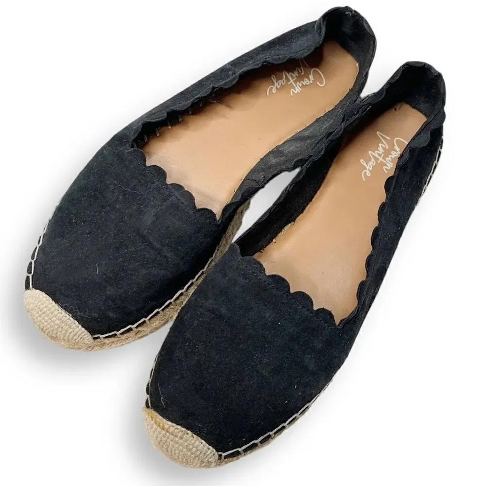 Crown Vintage Brae Espadrille Platform Slip-On Black Suede Scalloped Trim Sz 7.5